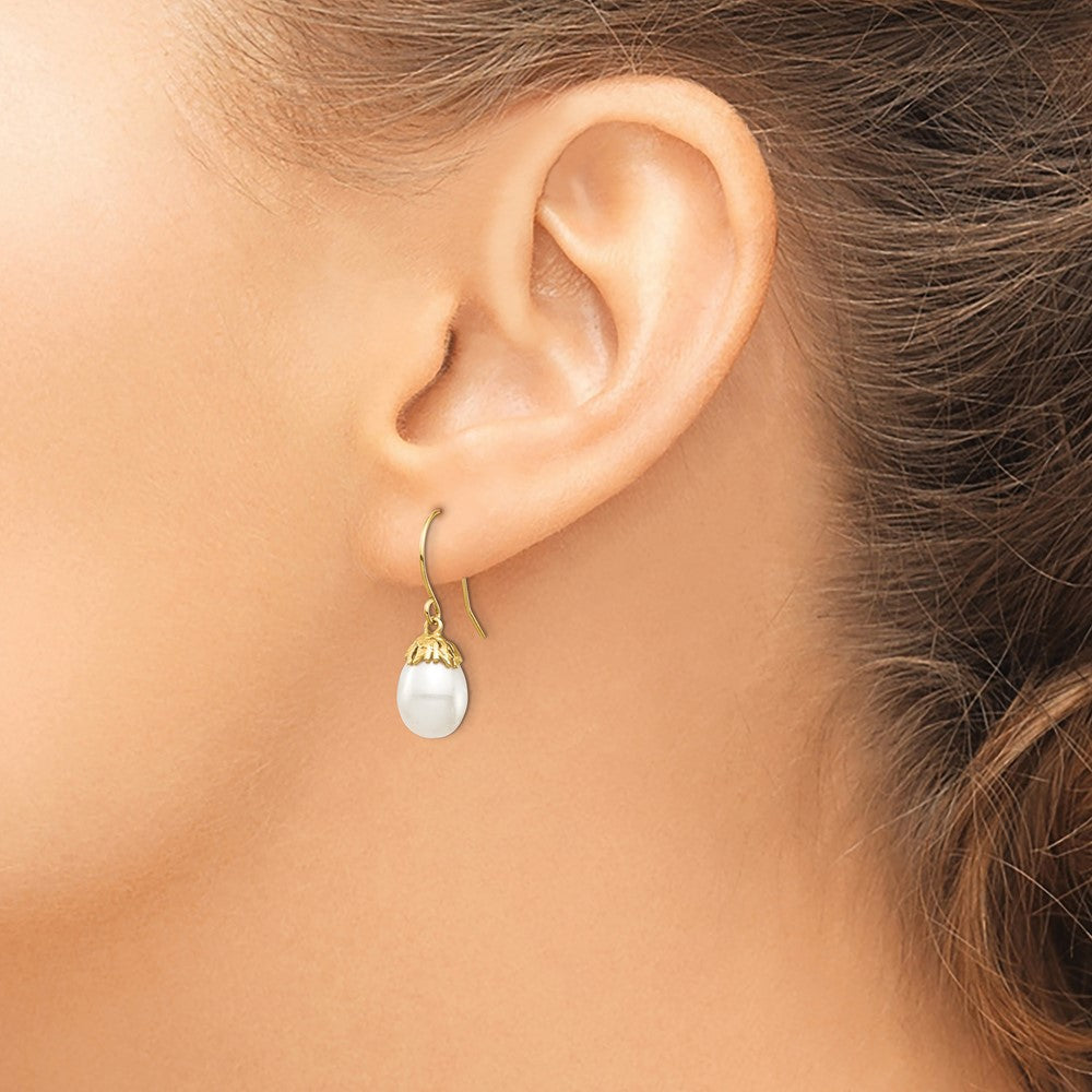 14K Gelbgold 7 8mm Weiß Rice Süßwasser Zuchtperle Ohrhänger