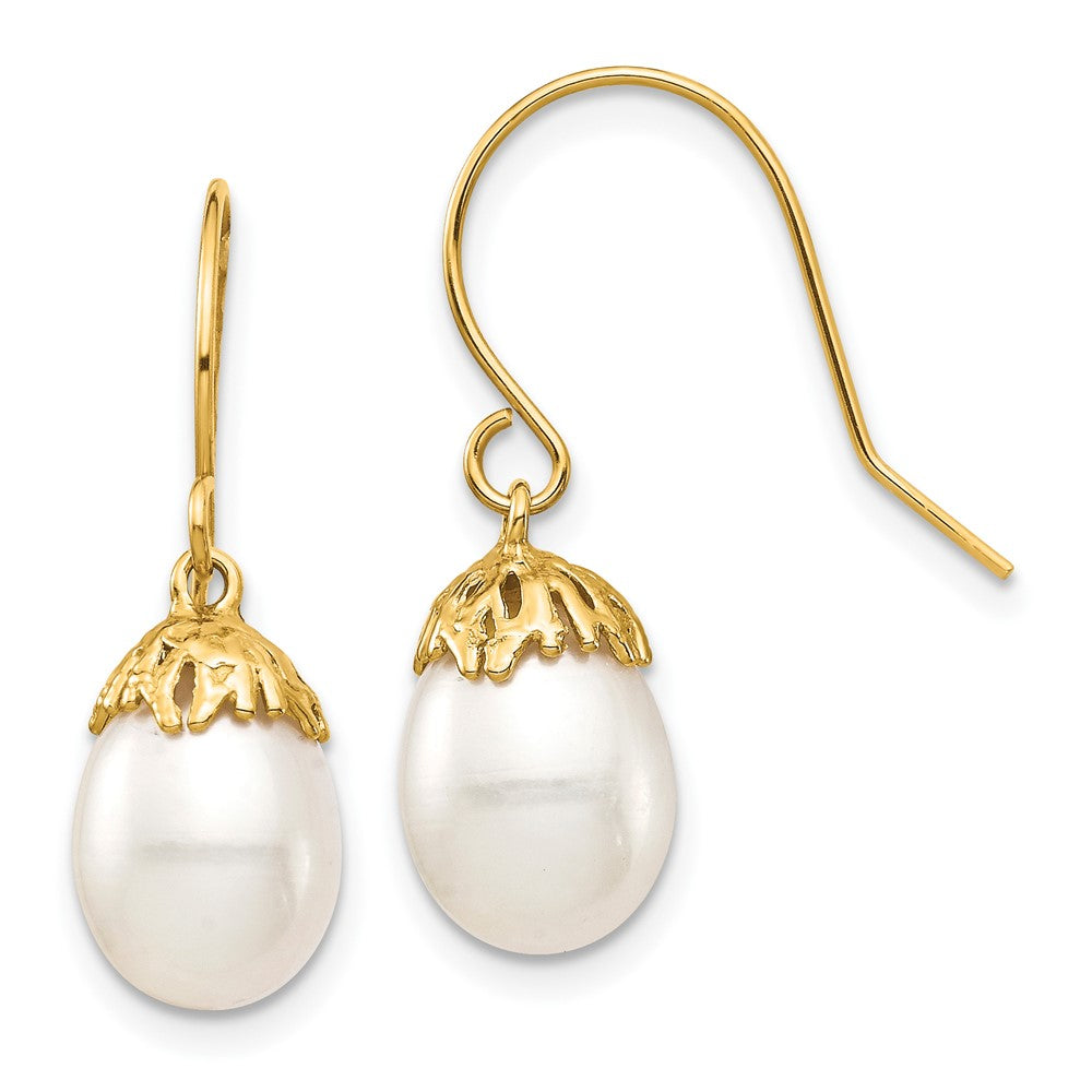 14K Gelbgold 7 8mm Weiß Rice Süßwasser Zuchtperle Ohrhänger