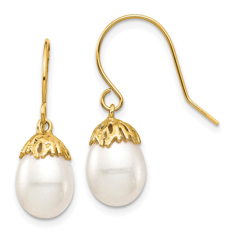 14K Gelbgold 7 8mm Weiß Rice Süßwasser Zuchtperle Ohrhänger