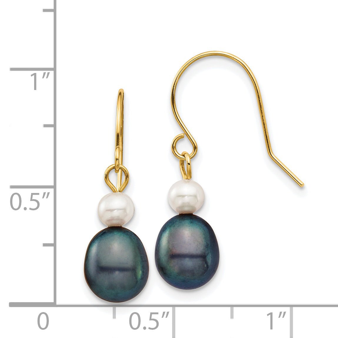 14K Gelbgold 4 7mm Schwarz Rice und Weiß Rund Süßwasser Zuchtperle Ohrhänger