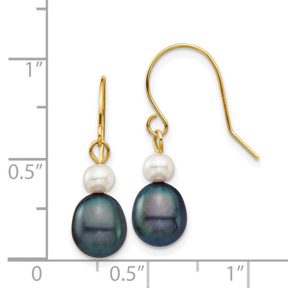 14K Gelbgold 4 7mm Schwarz Rice und Weiß Rund Süßwasser Zuchtperle Ohrhänger