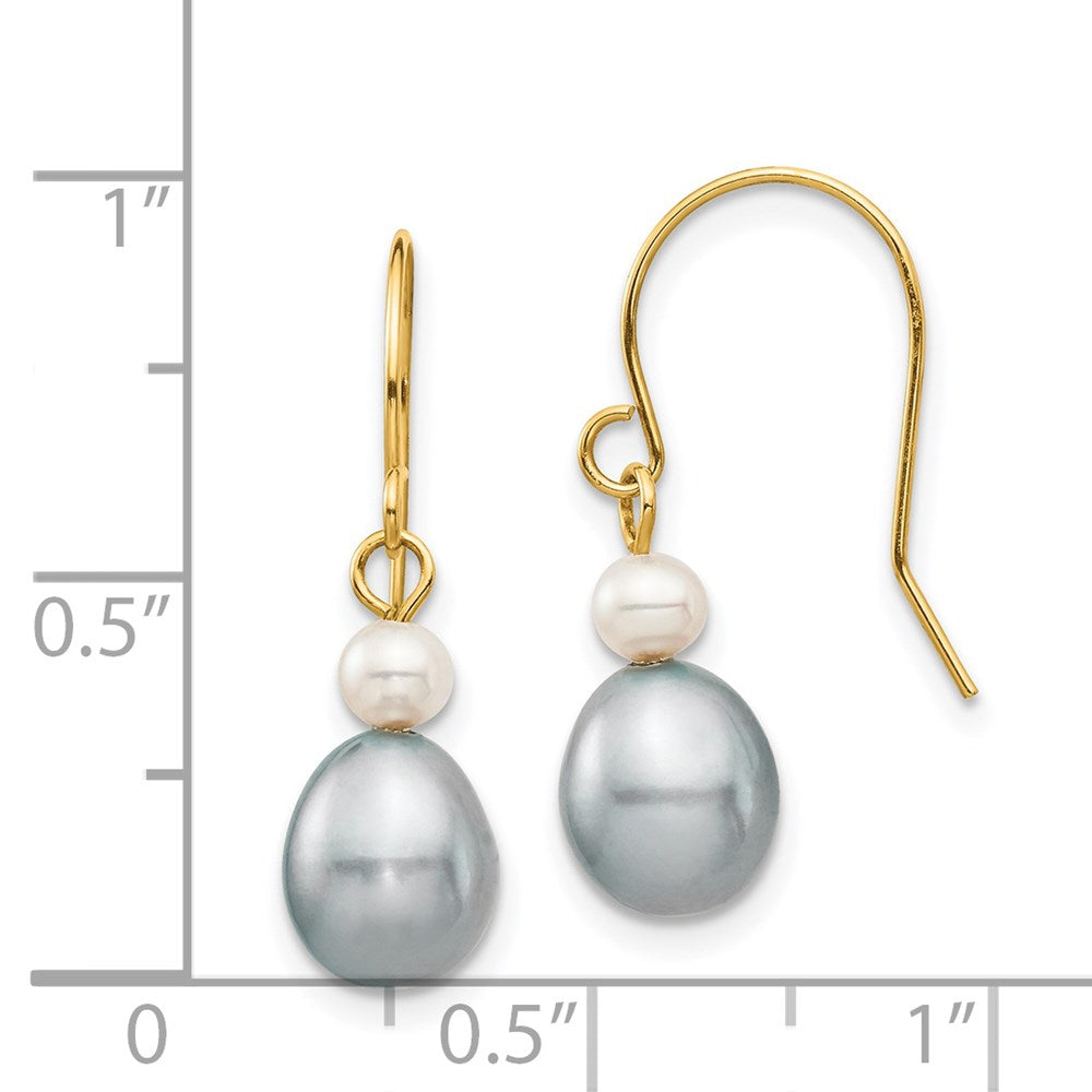 14K Gelbgold 4 7mm Grau Rice und Weiß Rund Süßwasser Zuchtperle Ohrhänger