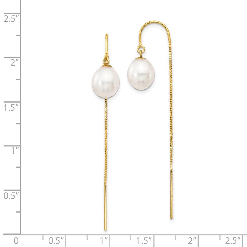 14K Gelbgold 7 8mm Weiß Rice Süßwasser Zuchtperle Venezianer Kette Durchzieher-Ohrringe