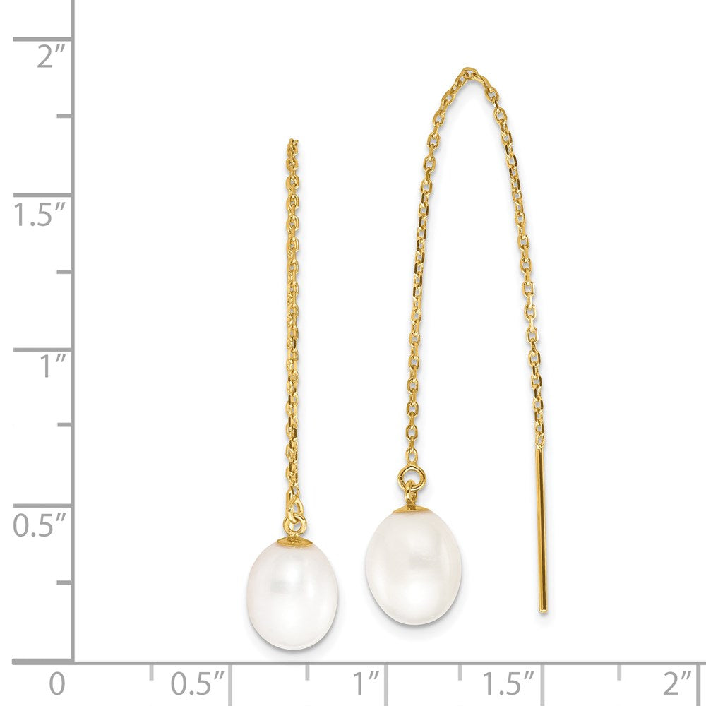 14K Gelbgold 7 8mm Weiß Rice Süßwasser Zuchtperle Ankerkette Kette Durchzieher-Ohrringe