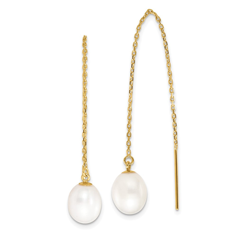 14K Gelbgold 7 8mm Weiß Rice Süßwasser Zuchtperle Ankerkette Kette Durchzieher-Ohrringe