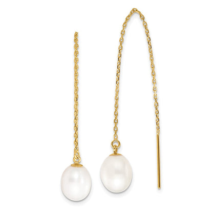 14K Gelbgold 7 8mm Weiß Rice Süßwasser Zuchtperle Ankerkette Kette Durchzieher-Ohrringe