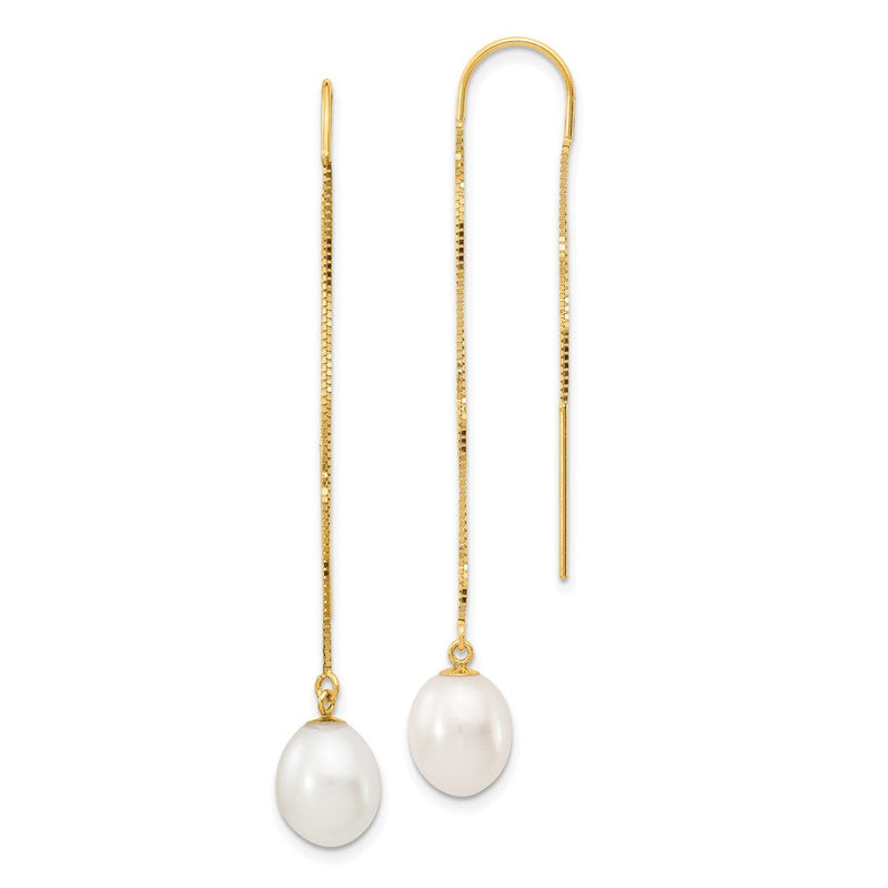 14K Gelbgold 7 8mm Weiß Rice Süßwasser Zuchtperle Venezianer Kette Durchzieher-Ohrringe
