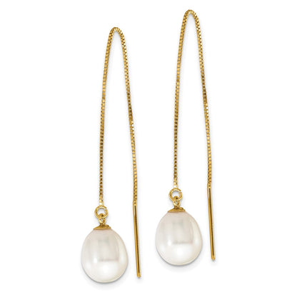 14K Gelbgold 7 8mm Weiß Tropfen Süßwasser Zuchtperle Venezianer Kette Durchzieher-Ohrringe