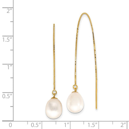 14K Gelbgold 7 8mm Weiß Tropfen Süßwasser Zuchtperle Venezianer Kette Durchzieher-Ohrringe