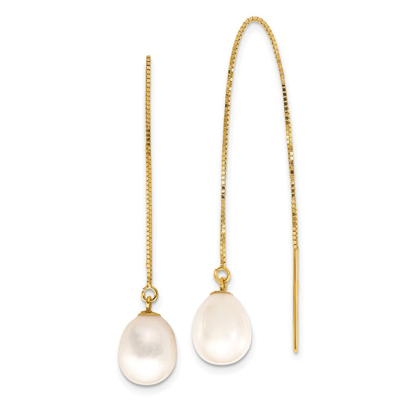 14K Gelbgold 7 8mm Weiß Tropfen Süßwasser Zuchtperle Venezianer Kette Durchzieher-Ohrringe