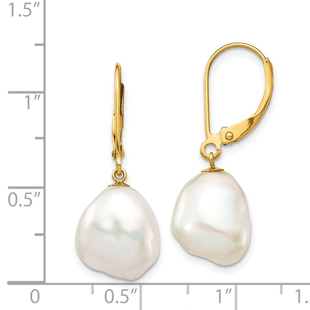 14K Gelbgold 10x12mm Weiß Keshi Süßwasser Zuchtperle Hängend Ohrhänger mit Brisur