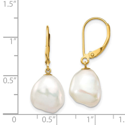 14K Gelbgold 10x12mm Weiß Keshi Süßwasser Zuchtperle Hängend Ohrhänger mit Brisur