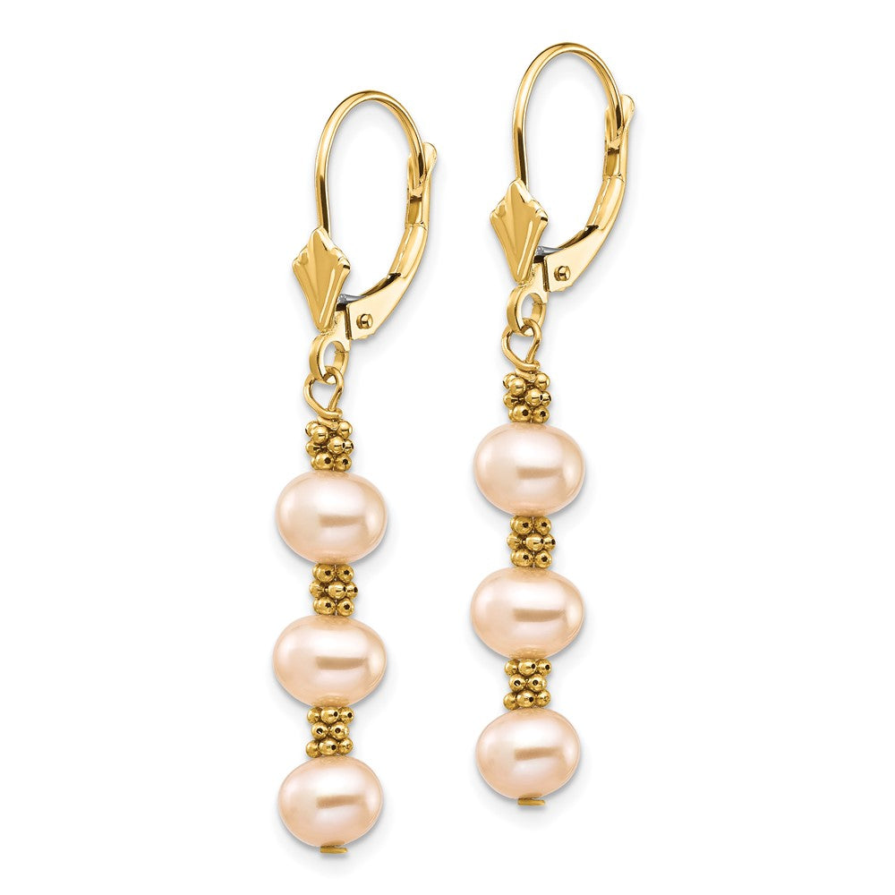 14K Gelbgold 5 6mm Rosa Halb Rund Süßwasser Zuchtperle Hängend Ohrhänger mit Brisur