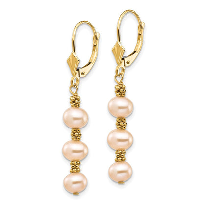 14K Gelbgold 5 6mm Rosa Halb Rund Süßwasser Zuchtperle Hängend Ohrhänger mit Brisur