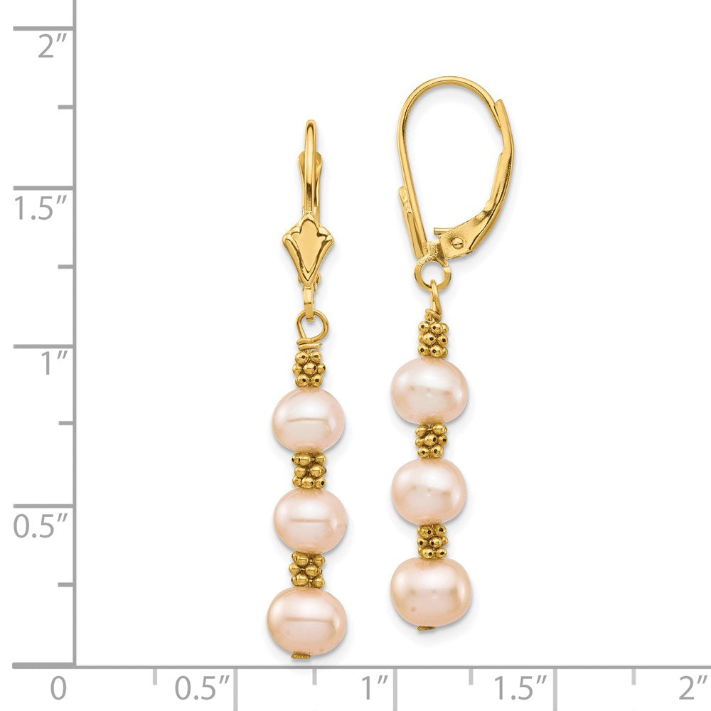 14K Gelbgold 5 6mm Rosa Halb Rund Süßwasser Zuchtperle Hängend Ohrhänger mit Brisur