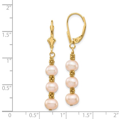 14K Gelbgold 5 6mm Rosa Halb Rund Süßwasser Zuchtperle Hängend Ohrhänger mit Brisur