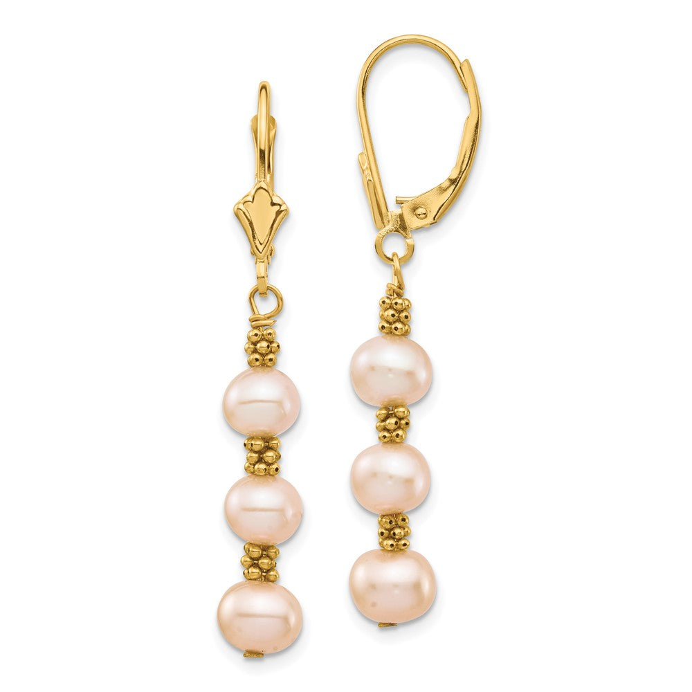14K Gelbgold 5 6mm Rosa Halb Rund Süßwasser Zuchtperle Hängend Ohrhänger mit Brisur