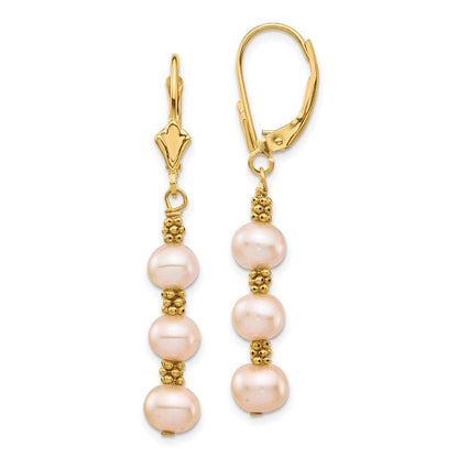 14K Gelbgold 5 6mm Rosa Halb Rund Süßwasser Zuchtperle Hängend Ohrhänger mit Brisur