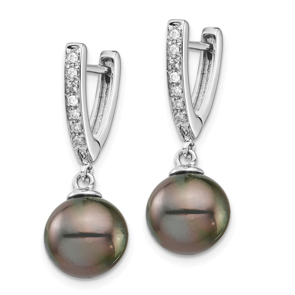 14K Weißgold Ohrringe mit 9-10 mm runden Tahiti-Zuchtperlen aus Salzwasser und Diamant-Baumeln