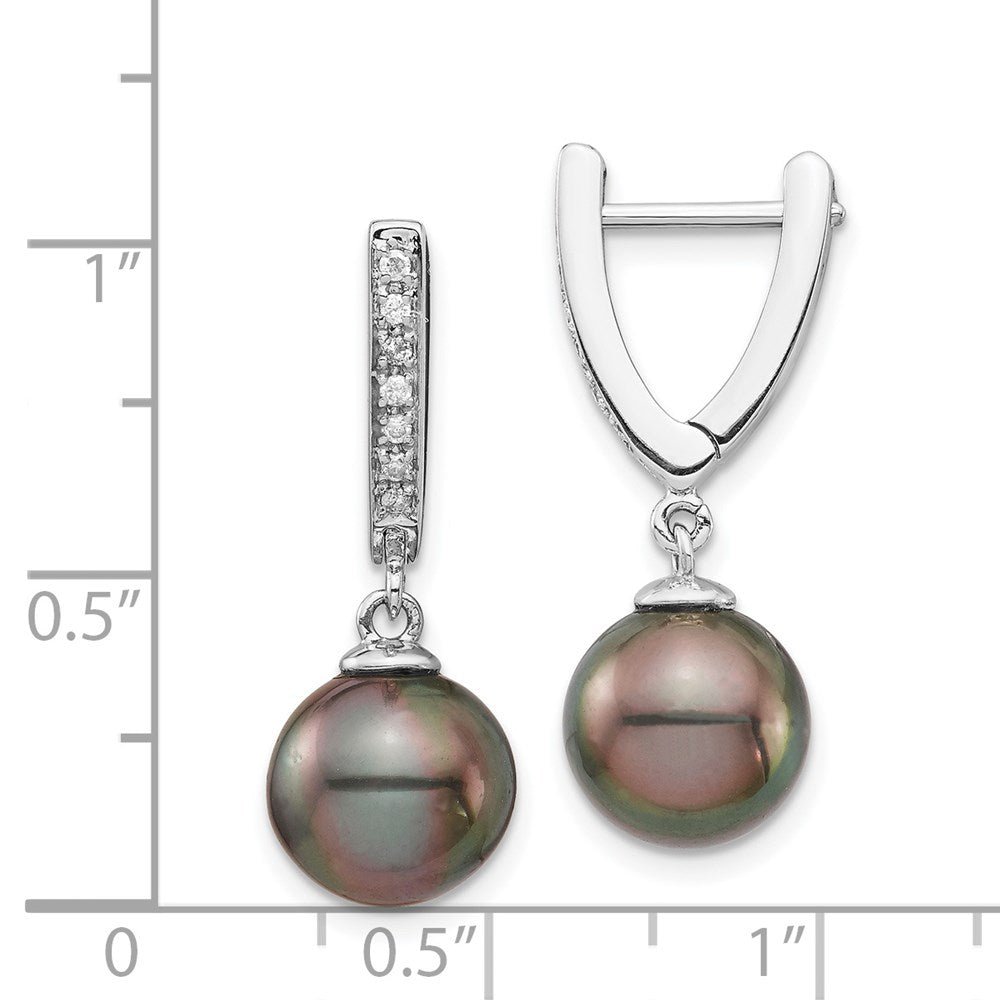 14K Weißgold Ohrringe mit 9-10 mm runden Tahiti-Zuchtperlen aus Salzwasser und Diamant-Baumeln