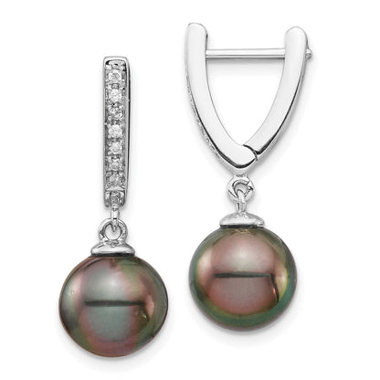 14K Weißgold Ohrringe mit 9-10 mm runden Tahiti-Zuchtperlen aus Salzwasser und Diamant-Baumeln