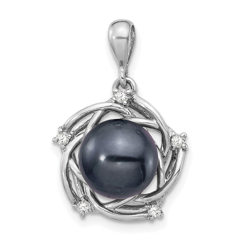 14K Weißgold 14K Weißgold 8-9mm Schwarz Rund Tahitian Salzwasser Zuchtperle Und.075 Karat Diamant Anhänger