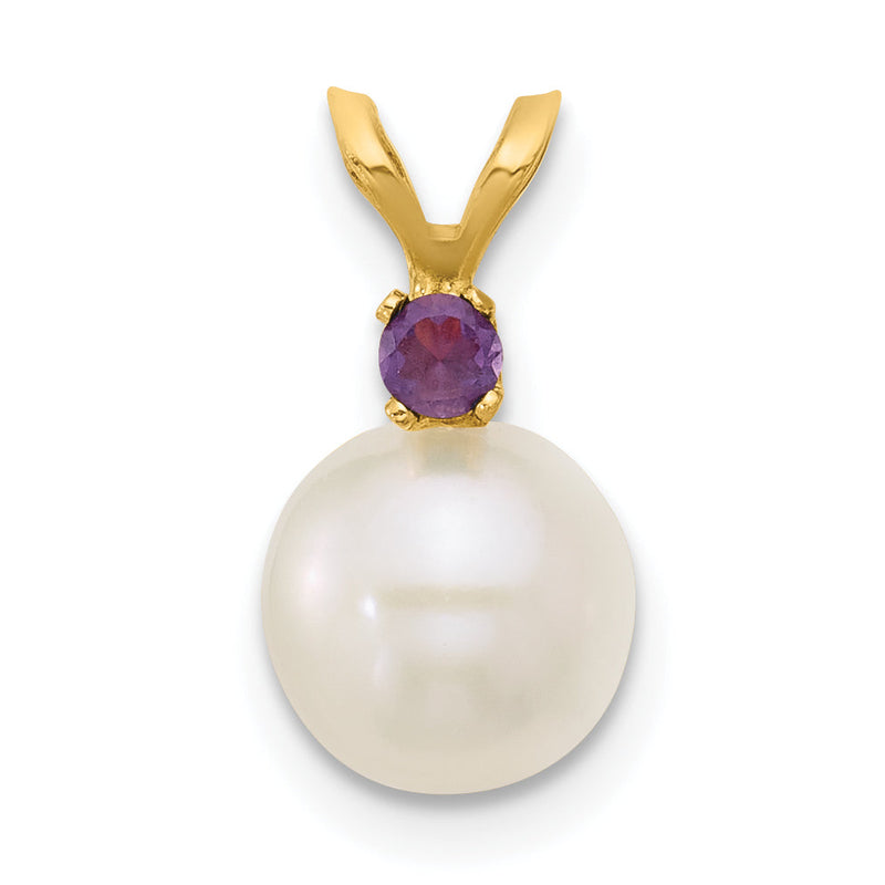 14K Gelbgold 14K 7-7.5mm Weiß Rund Süßwasser Zuchtperle Und.07am Amethyst Anhänger