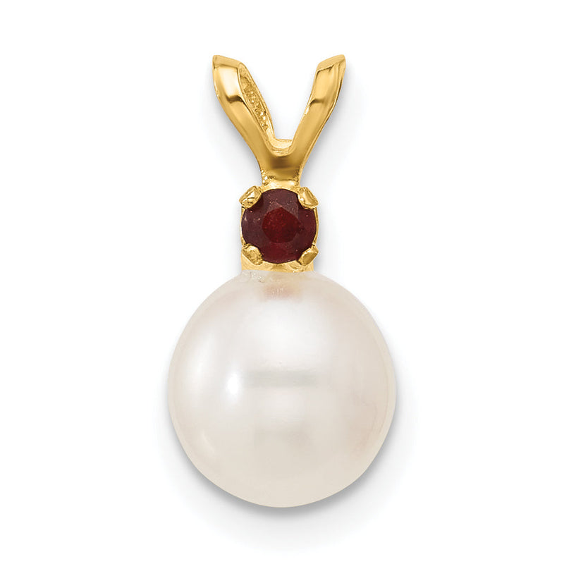 14K Gelbgold 14K 7-7.5mm Weiß Rund Süßwasser Zuchtperle Und.09ga Granat Anhänger