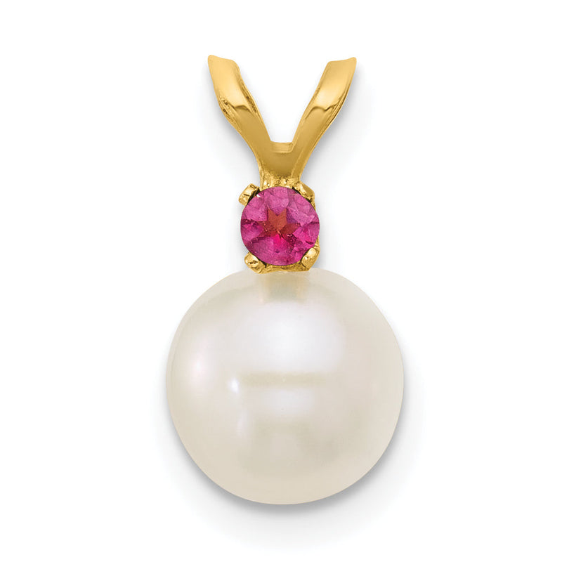 14K Gelbgold 14K 7-7.5mm Weiß Rund Süßwasser Zuchtperle Und.07pt Rosa Topas Anhänger