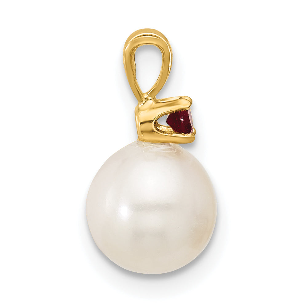 14K Gelbgold 14K 7-7.5mm Weiß Rund Süßwasser Zuchtperle Und.09ru Rubin Anhänger