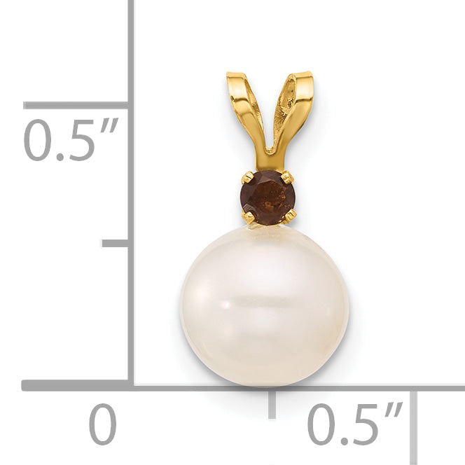 14K Gelbgold 14K 7-7.5mm Weiß Rund Süßwasser Zuchtperle Und.09sq Rauch Quarz Anhänger