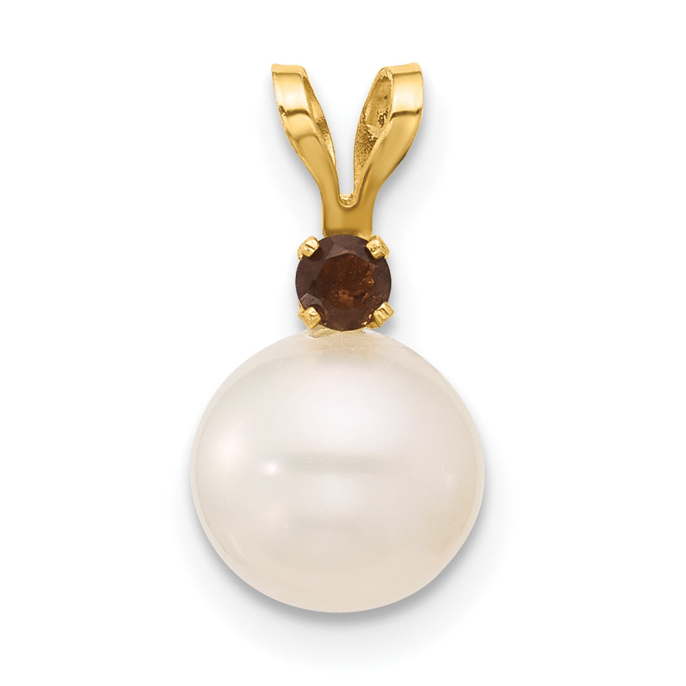 14K Gelbgold 14K 7-7.5mm Weiß Rund Süßwasser Zuchtperle Und.09sq Rauch Quarz Anhänger