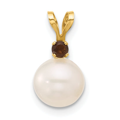 14K Gelbgold 14K 7-7.5mm Weiß Rund Süßwasser Zuchtperle Und.09sq Rauch Quarz Anhänger