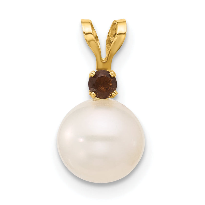 14K Gelbgold 14K 7-7.5mm Weiß Rund Süßwasser Zuchtperle Und.09sq Rauch Quarz Anhänger