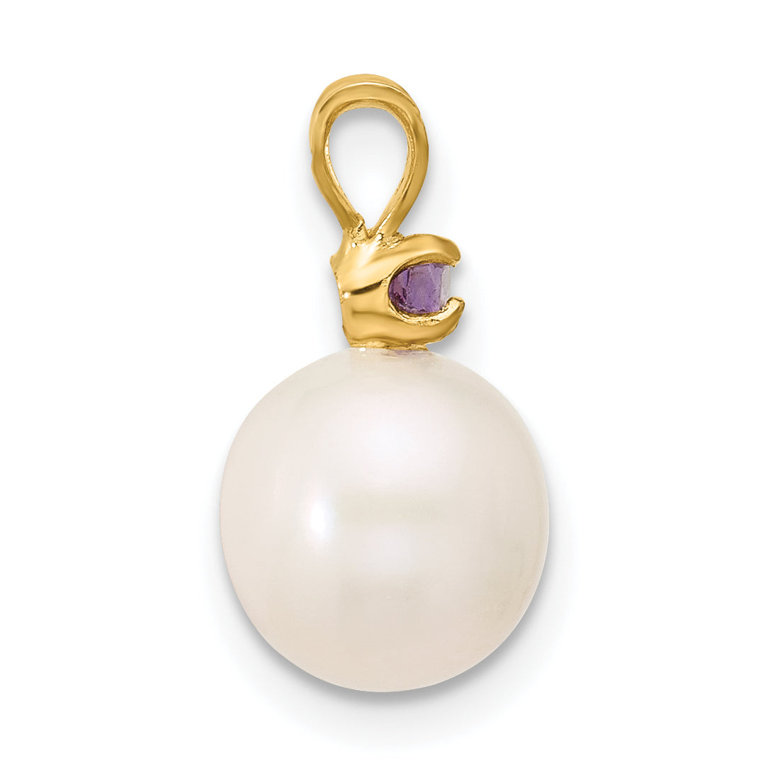 14K Gelbgold 14K 8-8.5mm Weiß Rund Süßwasser Zuchtperle Und.07am Amethyst Anhänger