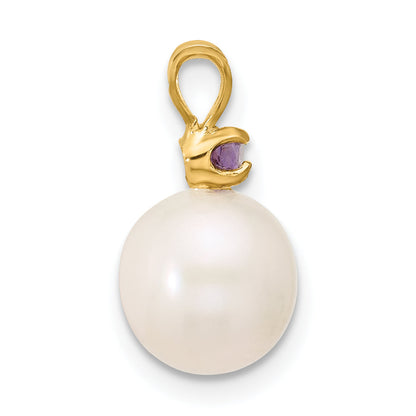 14K Gelbgold 14K 8-8.5mm Weiß Rund Süßwasser Zuchtperle Und.07am Amethyst Anhänger