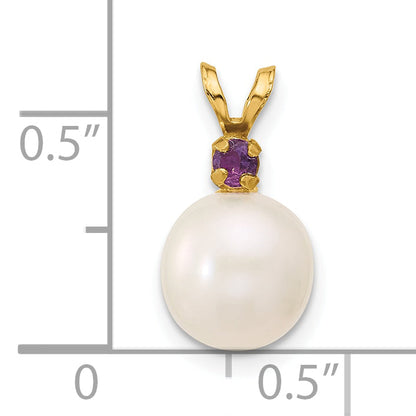 14K Gelbgold 14K 8-8.5mm Weiß Rund Süßwasser Zuchtperle Und.07am Amethyst Anhänger