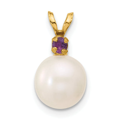 14K Gelbgold 14K 8-8.5mm Weiß Rund Süßwasser Zuchtperle Und.07am Amethyst Anhänger