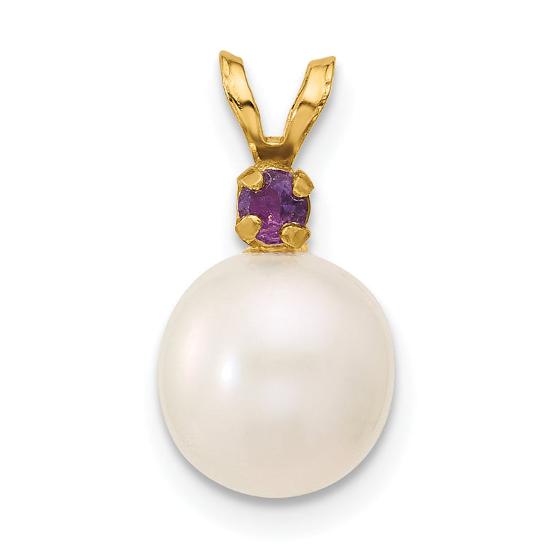 14K Gelbgold 14K 8-8.5mm Weiß Rund Süßwasser Zuchtperle Und.07am Amethyst Anhänger
