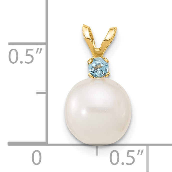 14K Gelbgold 14K 8-8.5mm Weiß Rund Süßwasser Zuchtperle Und.09bt Blautopas Anhänger
