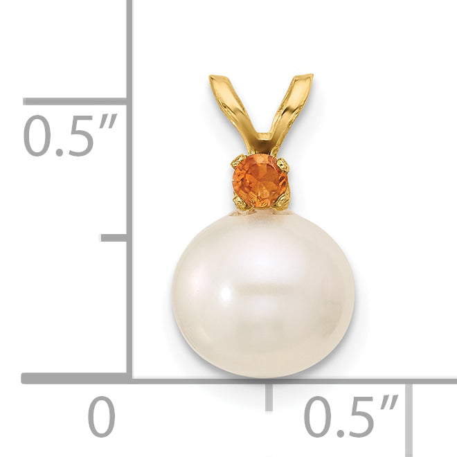 14K Gelbgold 14K 8-8.5mm Weiß Rund Süßwasser Zuchtperle Und.09ci Citrin Anhänger