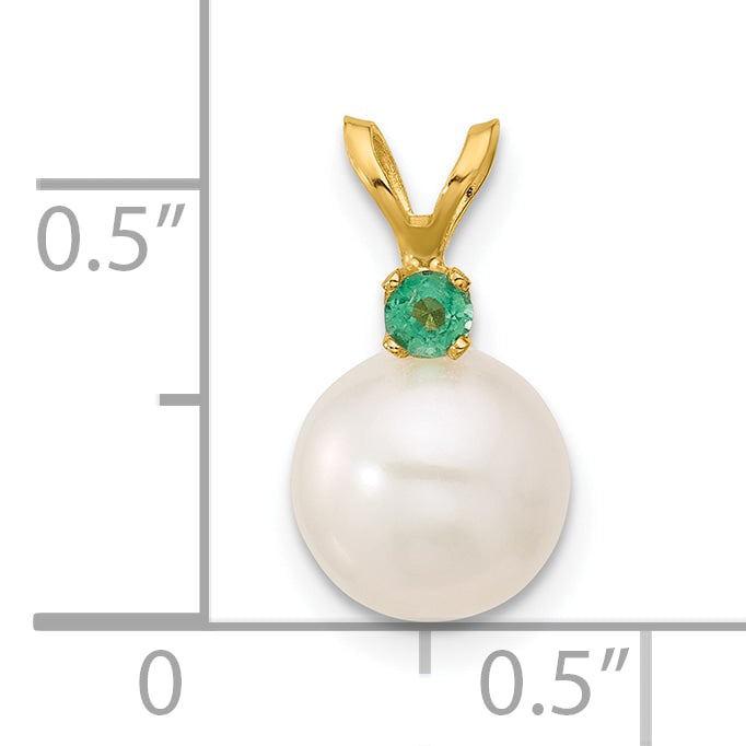 14K Gelbgold 14k8-8.5mm Weiß Rund Süßwasser Zuchtperle Und.09em Smaragd Anhänger