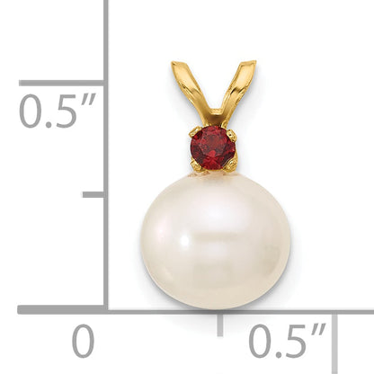 14K Gelbgold 14K 8-8.5mm Weiß Rund Süßwasser Zuchtperle Und.09ga Granat Anhänger