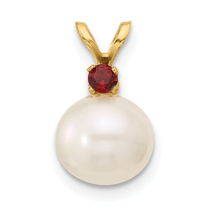 14K Gelbgold 14K 8-8.5mm Weiß Rund Süßwasser Zuchtperle Und.09ga Granat Anhänger