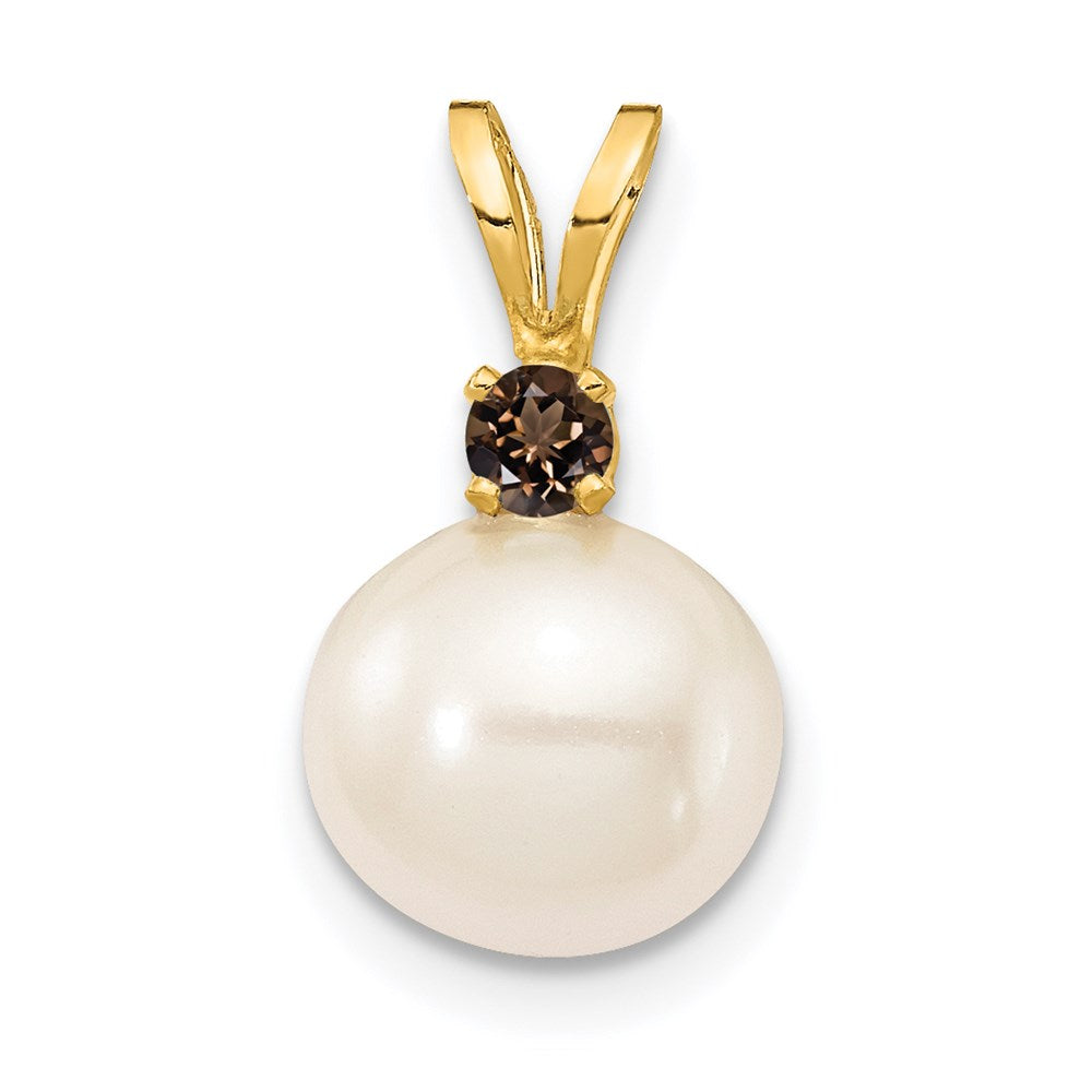 14K Gelbgold 14K 8-8.5mm Weiß Rund Süßwasser Zuchtperle Und.09sq Rauch Quarz Anhänger
