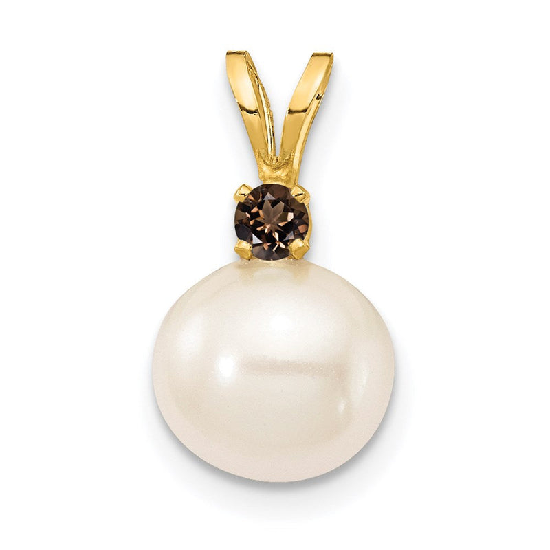 14K Gelbgold 14K 8-8.5mm Weiß Rund Süßwasser Zuchtperle Und.09sq Rauch Quarz Anhänger