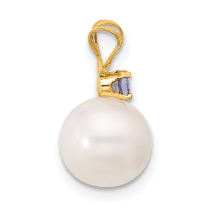 14K Gelbgold 14K 8-8.5mm Weiß Rund Süßwasser Zuchtperle Und.07tz Tansanit Anhänger
