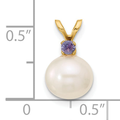 14K Gelbgold 14K 8-8.5mm Weiß Rund Süßwasser Zuchtperle Und.07tz Tansanit Anhänger