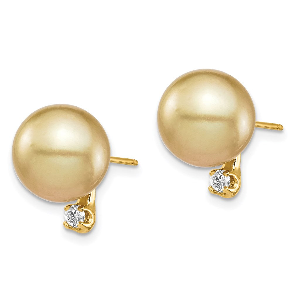 14K 9-10 mm Goldene Südsee-Zuchtperlen-Ohrringe mit 0,10 ct. Diamanten