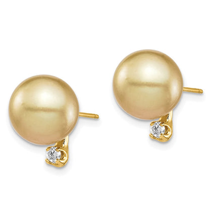 14K 9-10 mm Goldene Südsee-Zuchtperlen-Ohrringe mit 0,10 ct. Diamanten